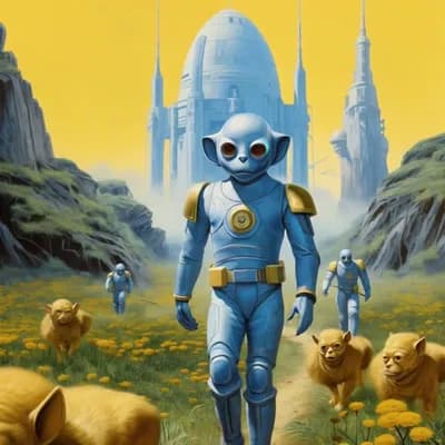 AI generated video: Aliens on an alien planet walk towards the camera through a field of flowers, alien dogs trot beside...