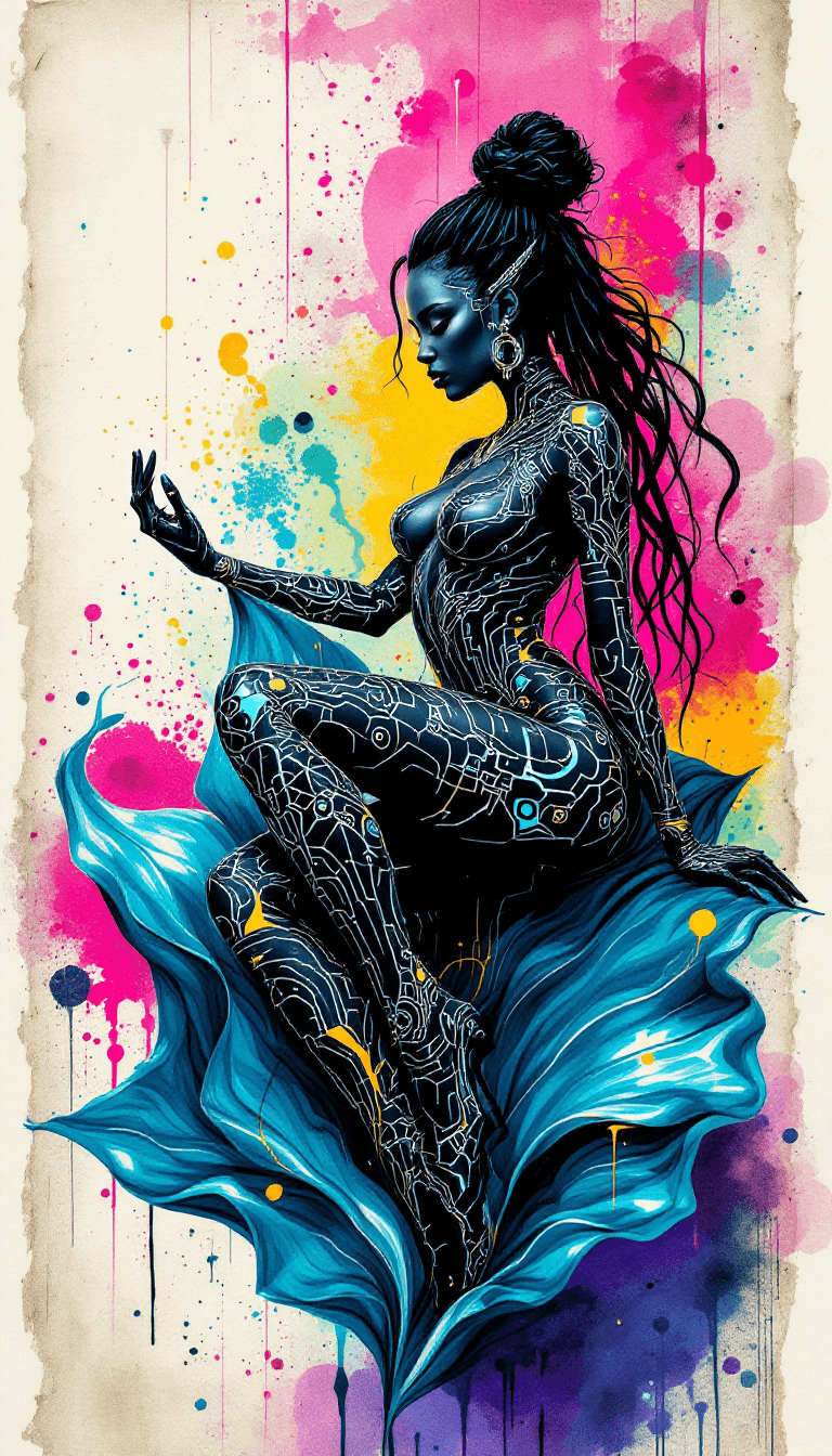 AI generated: A tribal drawing of a lady posed gracefully on a deep blue, translucent leaf, styled with a mix of d...