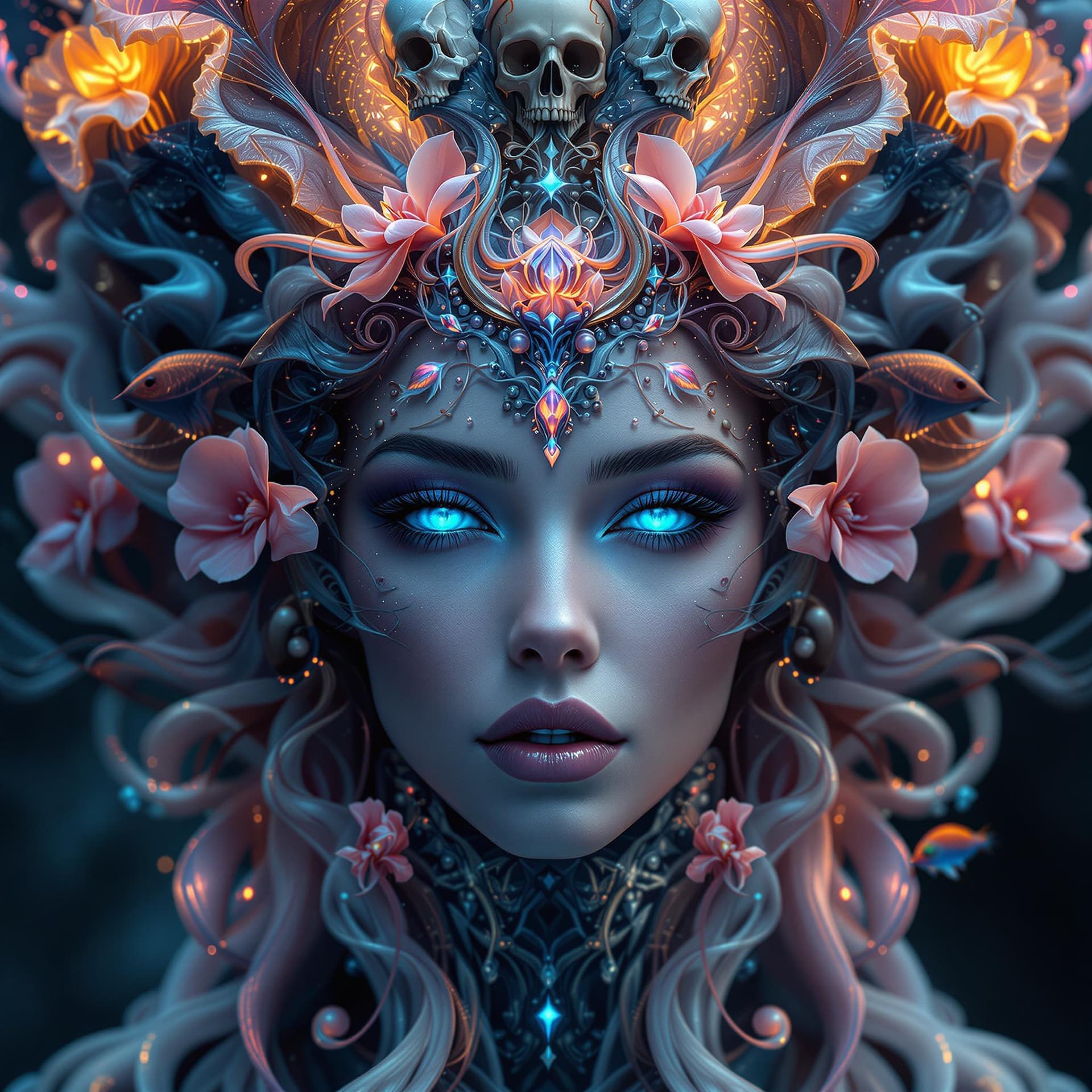 AI generated: Goddess close-up portrait ribcagel. jellyfish phoenix head, nautilus, orchid, skull, betta fish, bio...