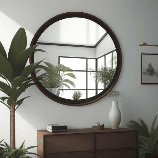 AI generated: Photo of a ultra realistic home spot, modern style, round mirror with slim cooper frame and light in...
