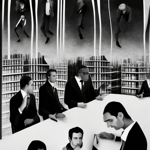 AI generated: black and white. distorted, men in suits sitting behind the table, many faces staring at you, in sui...