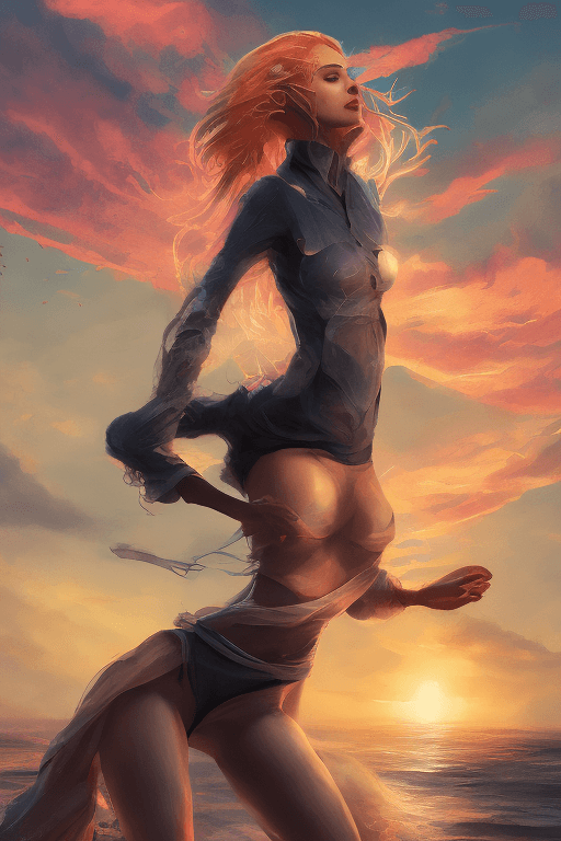 AI generated: A stunning full body portrait based on Elastic Woman, island background, sunset, charlie bowater, vo...