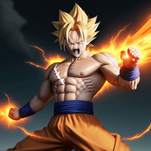 AI generated: Dbz: Goku like character, extra long yellow hair, fighting at war, extrame rage, berserk, screaming,...