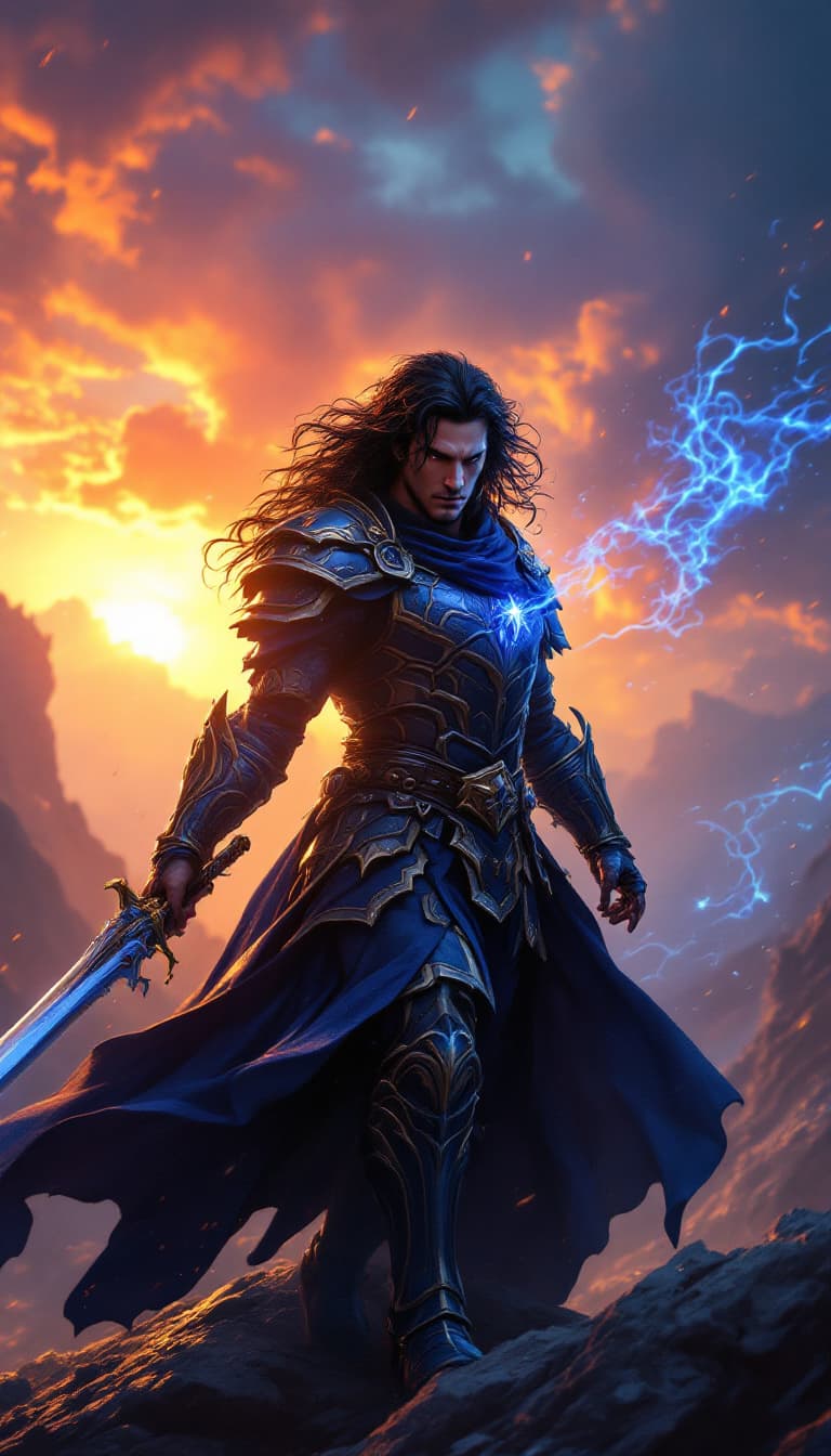 AI generated: kaladin stormborn dark-haired paladin, detailed blue and gold armor and weapons, dynamic action scen...