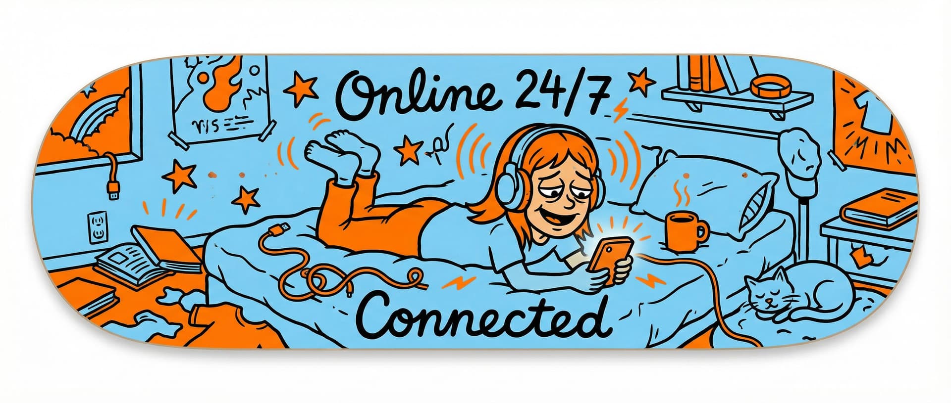 AI generated: A skateboard deck art illustration, flat cartoon style with thick bold black outlines. Light blue ba...