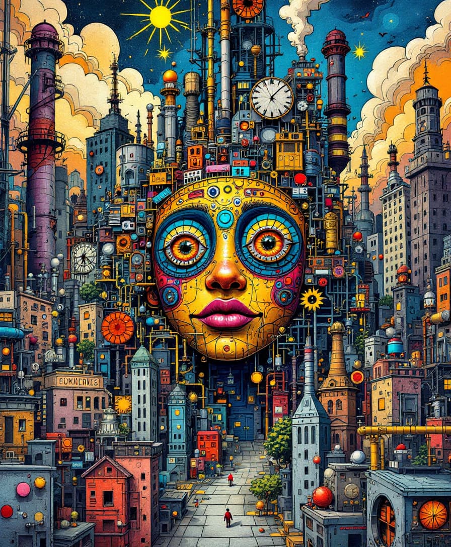 AI generated: cartoon with a colorful face surrounded by a city, in the style of tim doyle, industrial forms, pack...