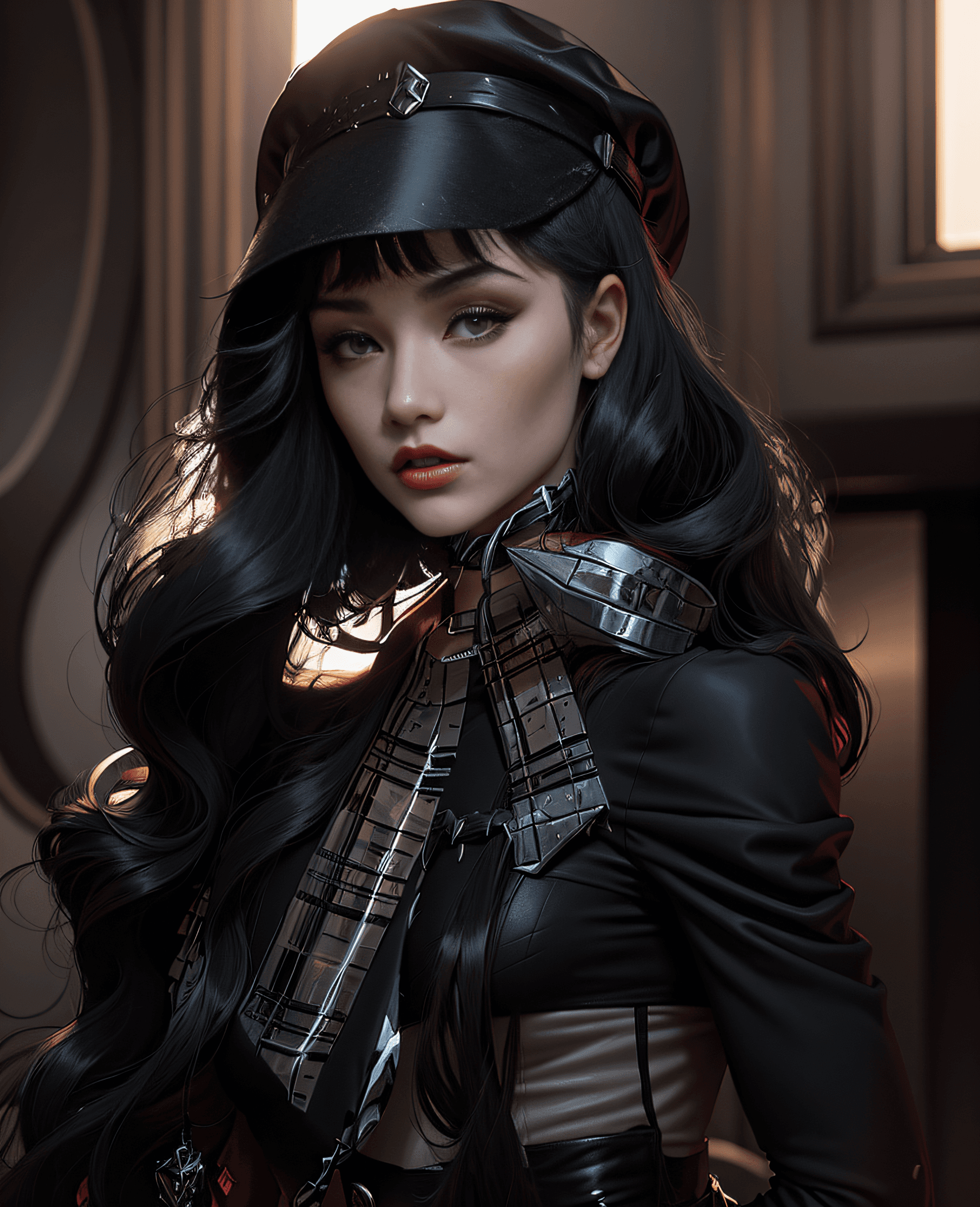 AI generated: a close up of a woman with long black hair wearing a red hat, she has black hair with bangs, goth gi...