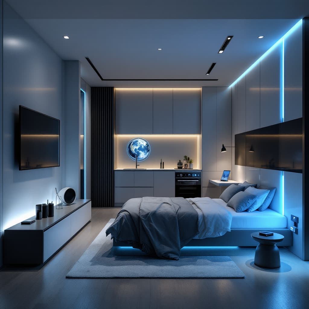 AI generated: A futuristic smart studio apartment, 8m x 5m, for a tech-savvy young person. Sleek modern furniture,...