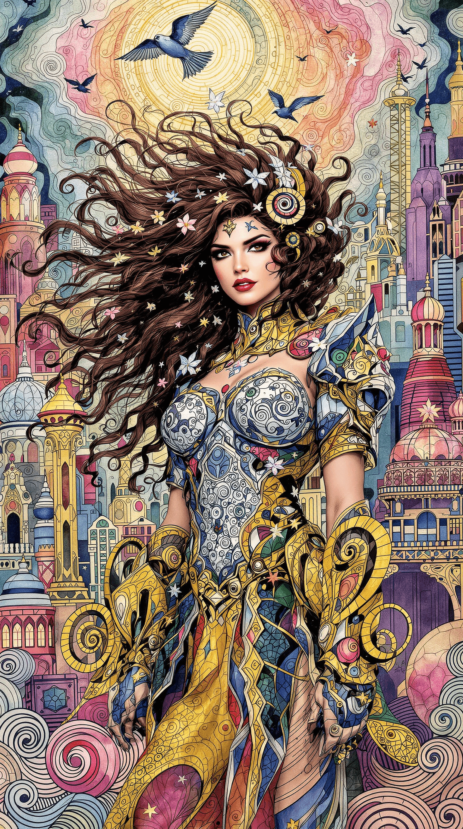 AI generated: A fierce brunette female warrior with wild, flowing curls and spirals adorned with whimsical nature ...