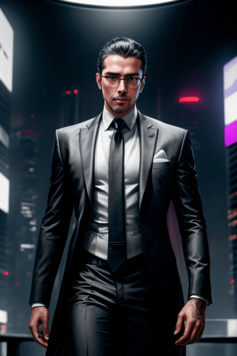 AI generated: Hyper-realistic potrait of futuristic man wearing a black suit paired with black tie and white t-shi...