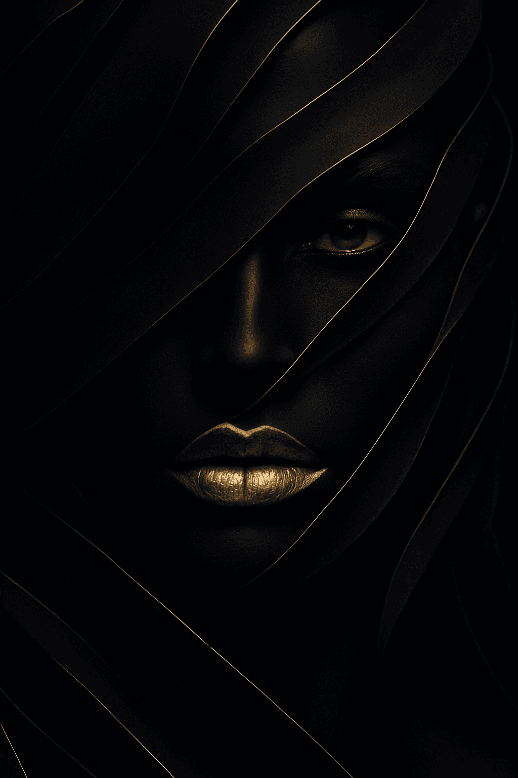 AI generated: a stylized close-up portrait of a face with deep matte black skin and vibrant metallic gold lips, pa...