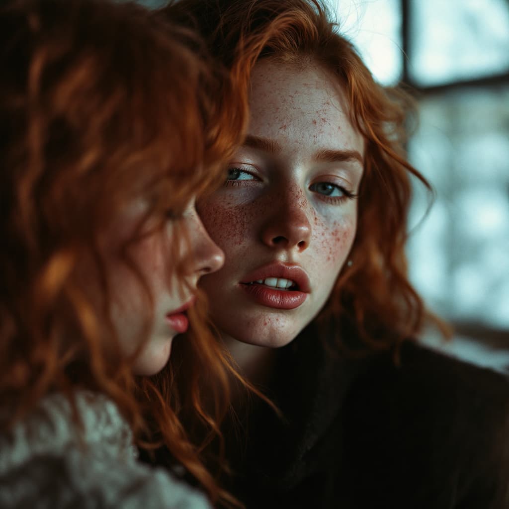 AI generated: redheag girl, intimate pose, extreme freckles, shot on Fujifilm Superia 400, Leica 35mm, f1. 4, Shor...