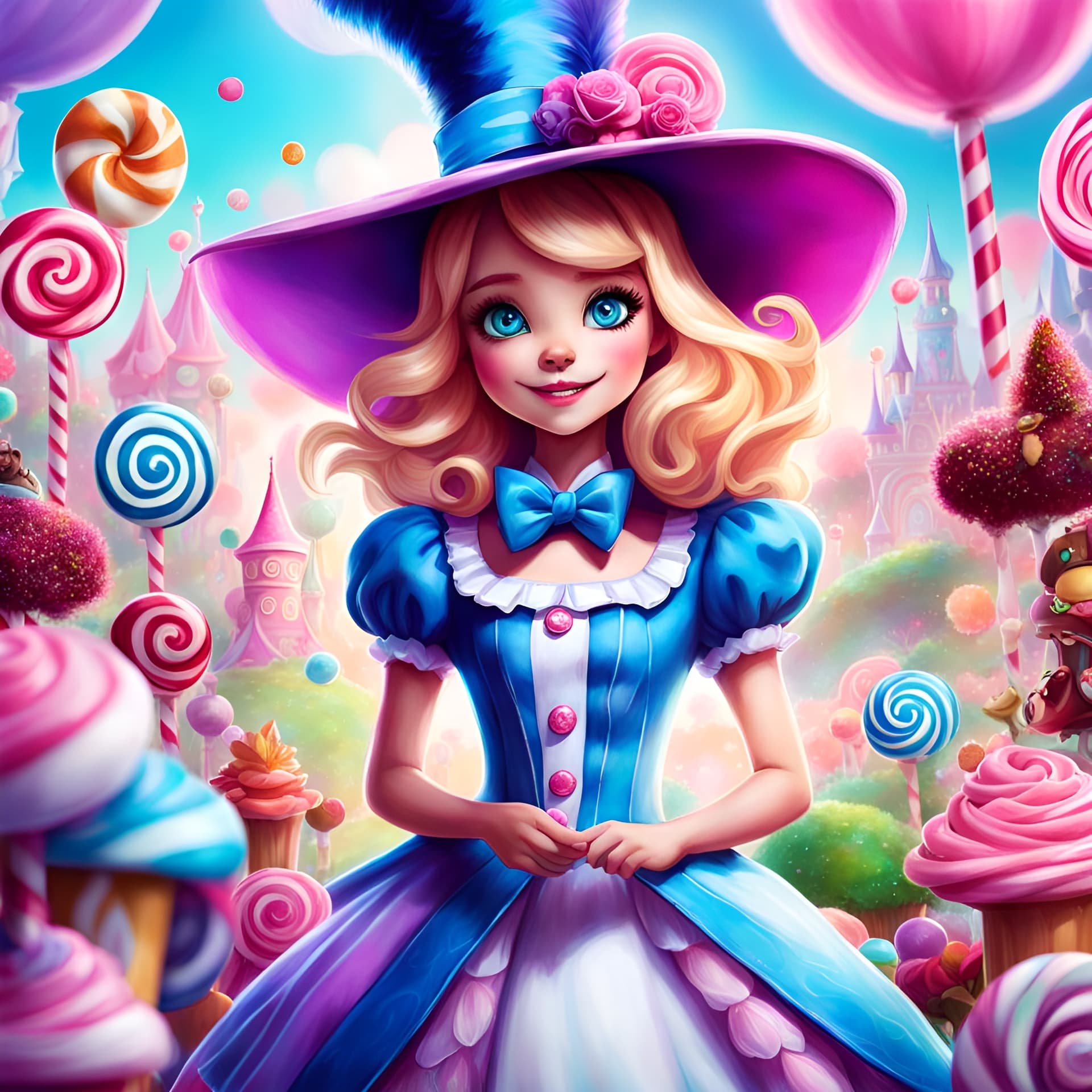 AI generated: a cute whimsical, in the style of pixar of Alice in candy land wearing an epic willy-wonka hat by Ti...