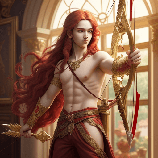 AI generated: Young attractive cupid, with long red hair, standing, facing the camera, with his bow and arrow poin...