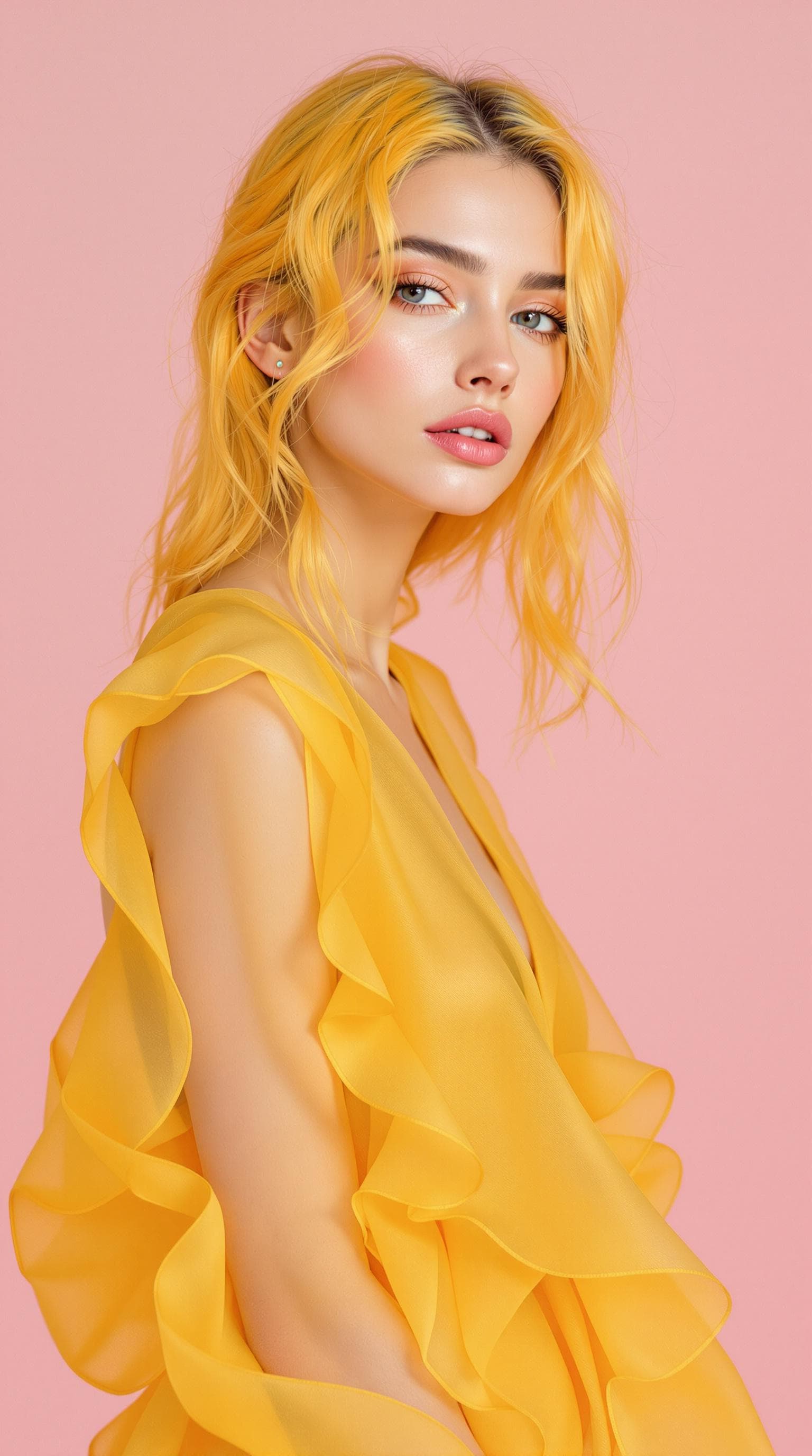 AI generated: une femme aux cheveux jaunes, dans une robe en organza jaune pâle, dans le style de l'hyperréalisme ...