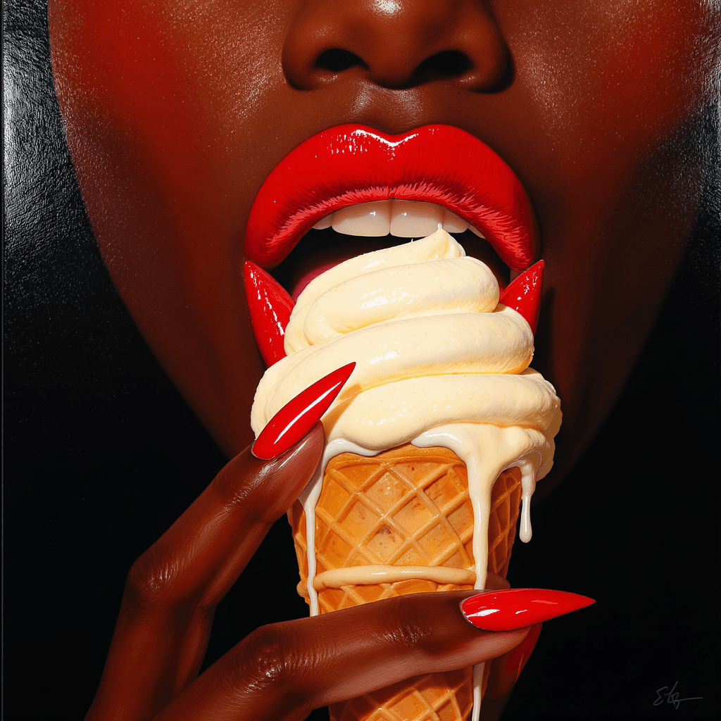 AI generated:  4K glossy realistic oil painting of an African American woman's glossy red lips, with a hand featur...