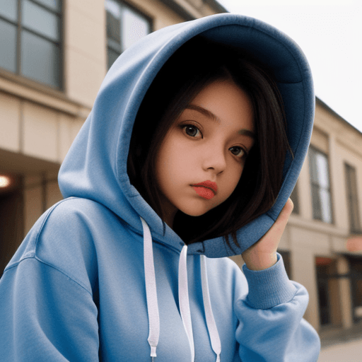 AI generated: Girl with hoodie, low angle view, front view