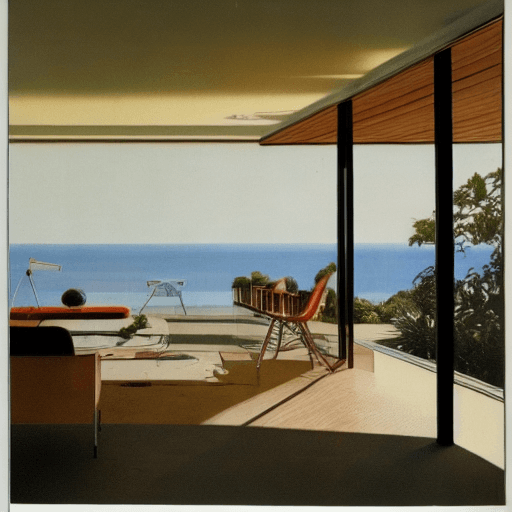 AI generated: Hyper realistic eye level exterior photo of a mid century modern style house overlooking the ocean, ...