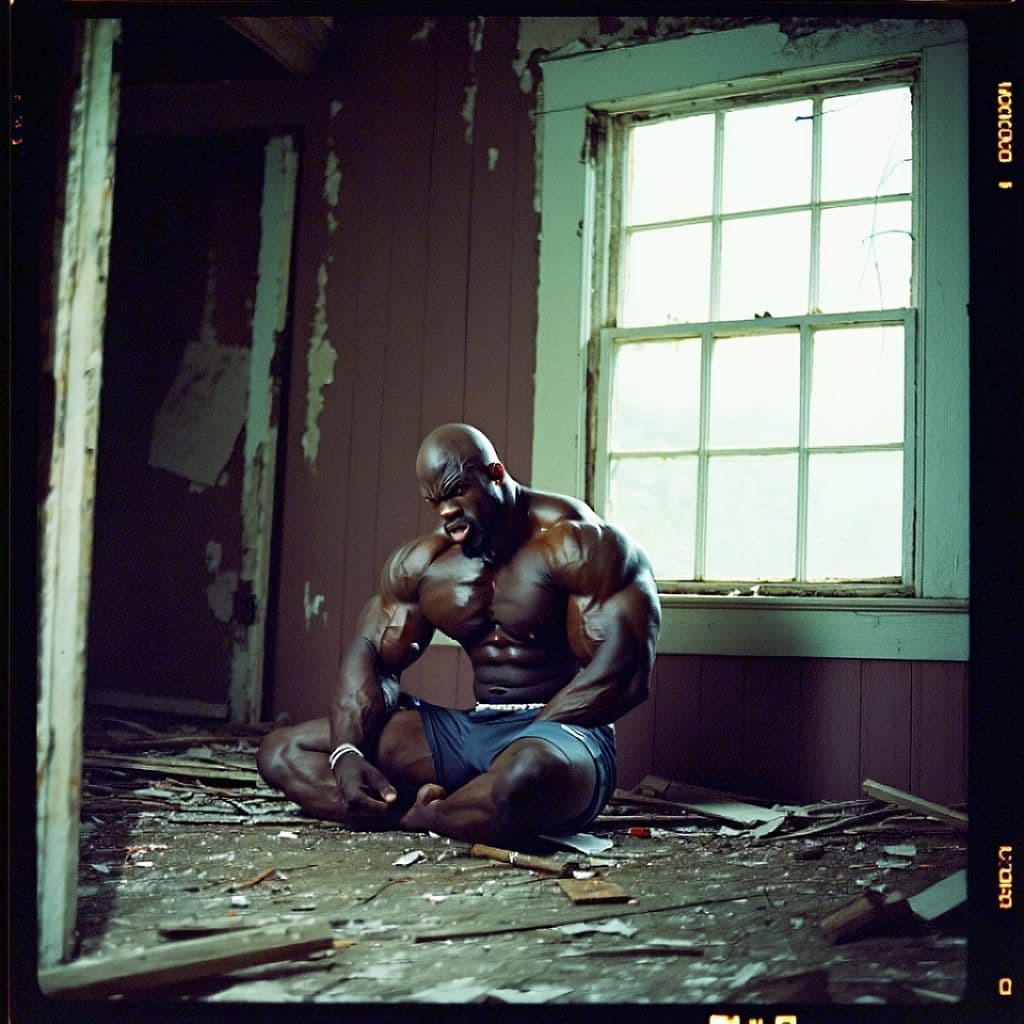 AI generated: grainy 80's photograph quality polaroid of ronnie coleman suicide caught in an abandoned house, dark