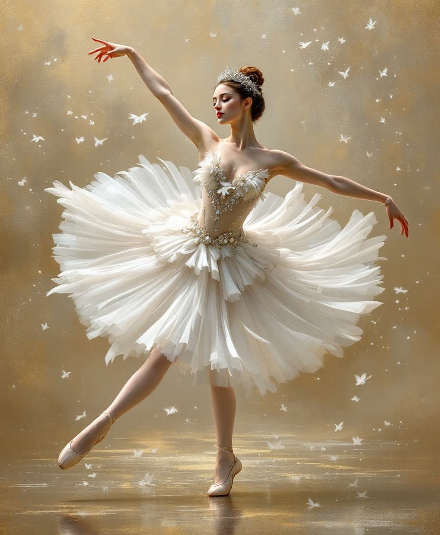 AI generated: Uma bailarina elegante inspirada em Anna Pavlova dançando 'O Lago dos Cisnes', com uma roupa branca ...