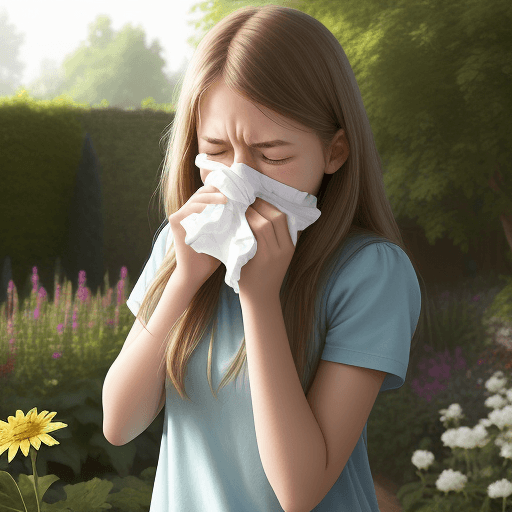 AI generated: A teenage girl standing in the garden, sneezing into a tissue