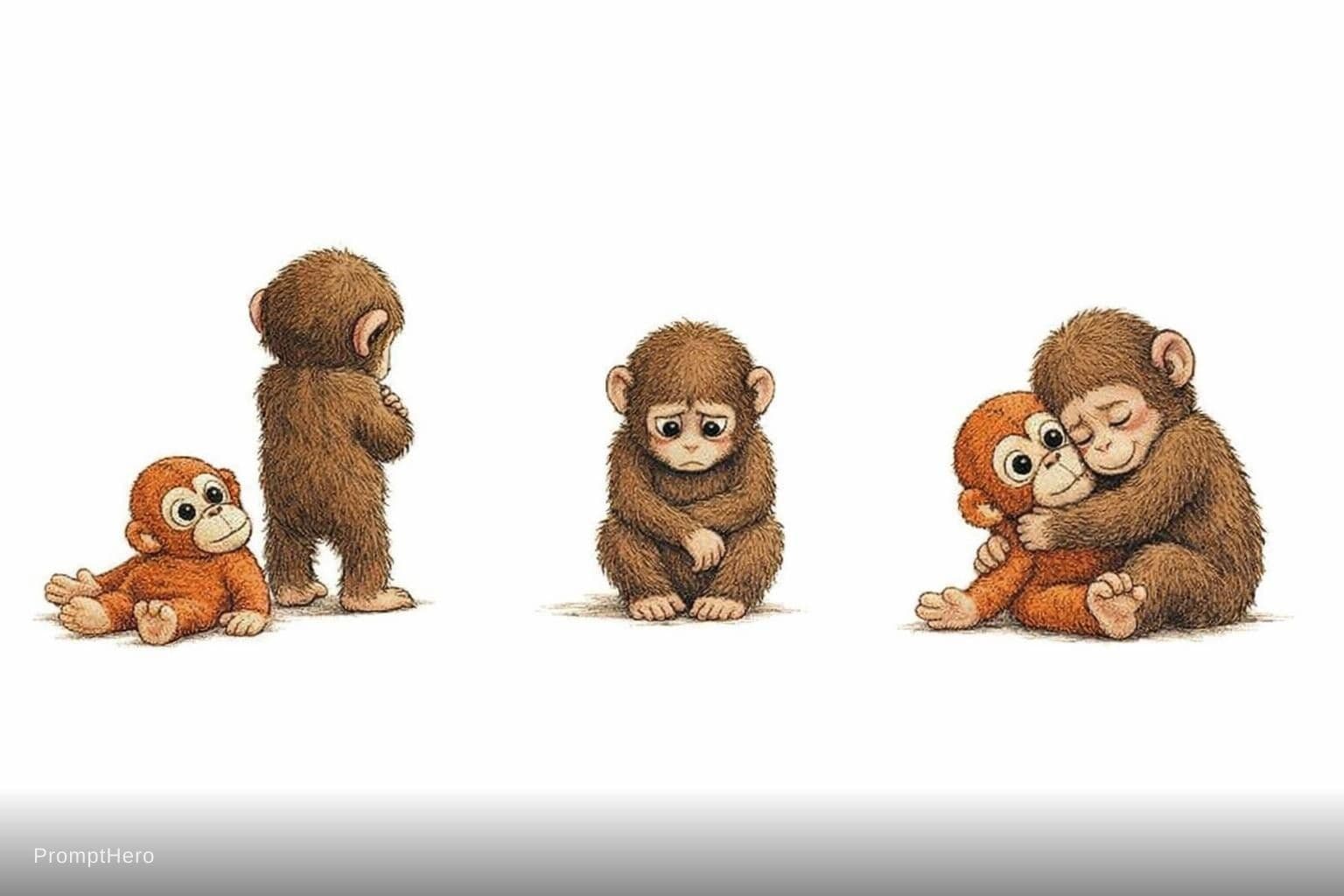 AI generated: vintage children's book illustration, emotional storytelling with 3 scenes, cute baby monkey with fl...
