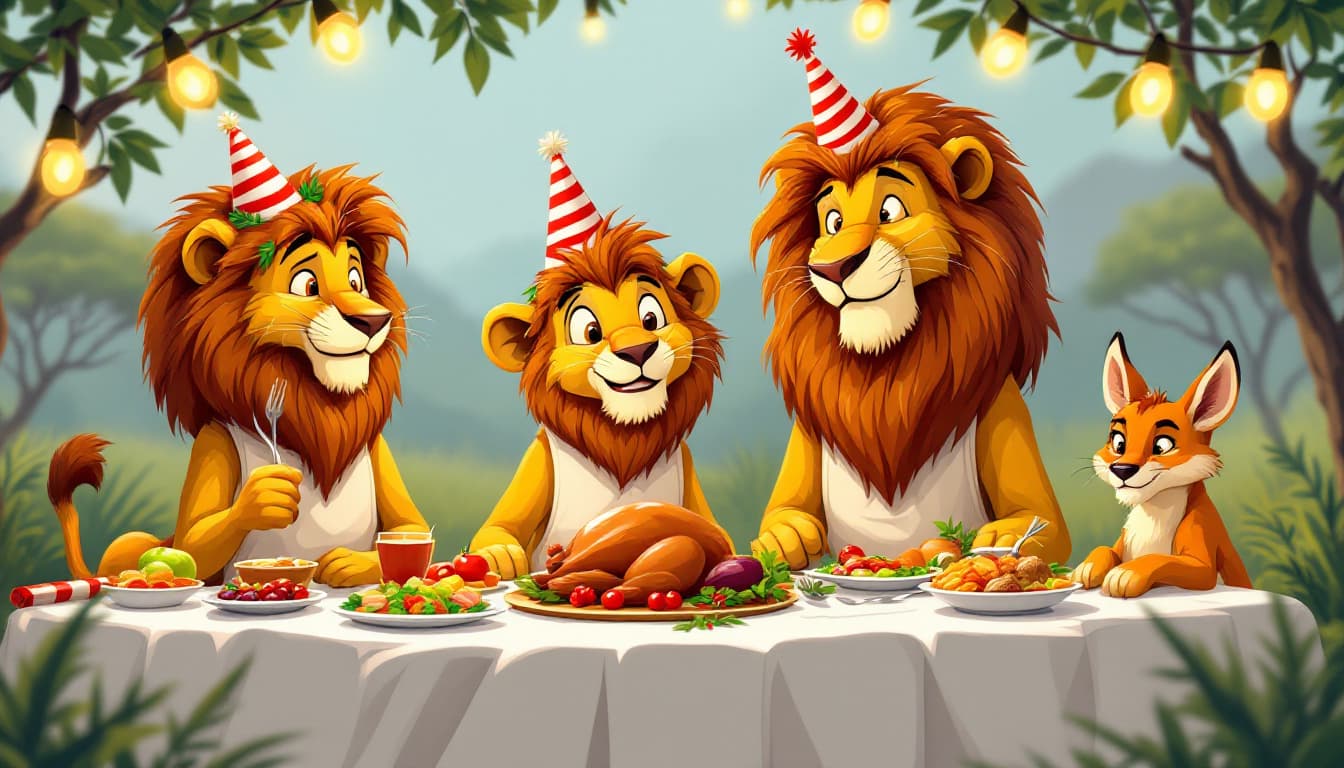AI generated:  Imagine a cartoon scene in the Looney Tunes style, featuring a lion family at a lunch table,(wearin...