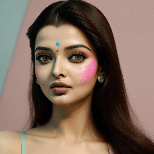 AI generated: closeup of a woman who looks like aishwariya rai, tara sutaria, a wearing artistic pastel colorful f...