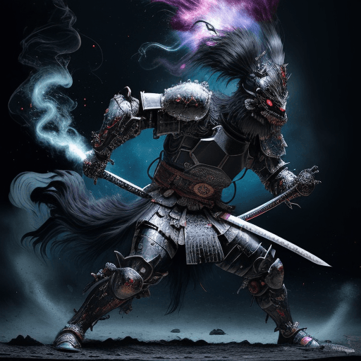 AI generated: an ugly behemoth masked divinity samurai like creature in action and unleashing an attack against en...