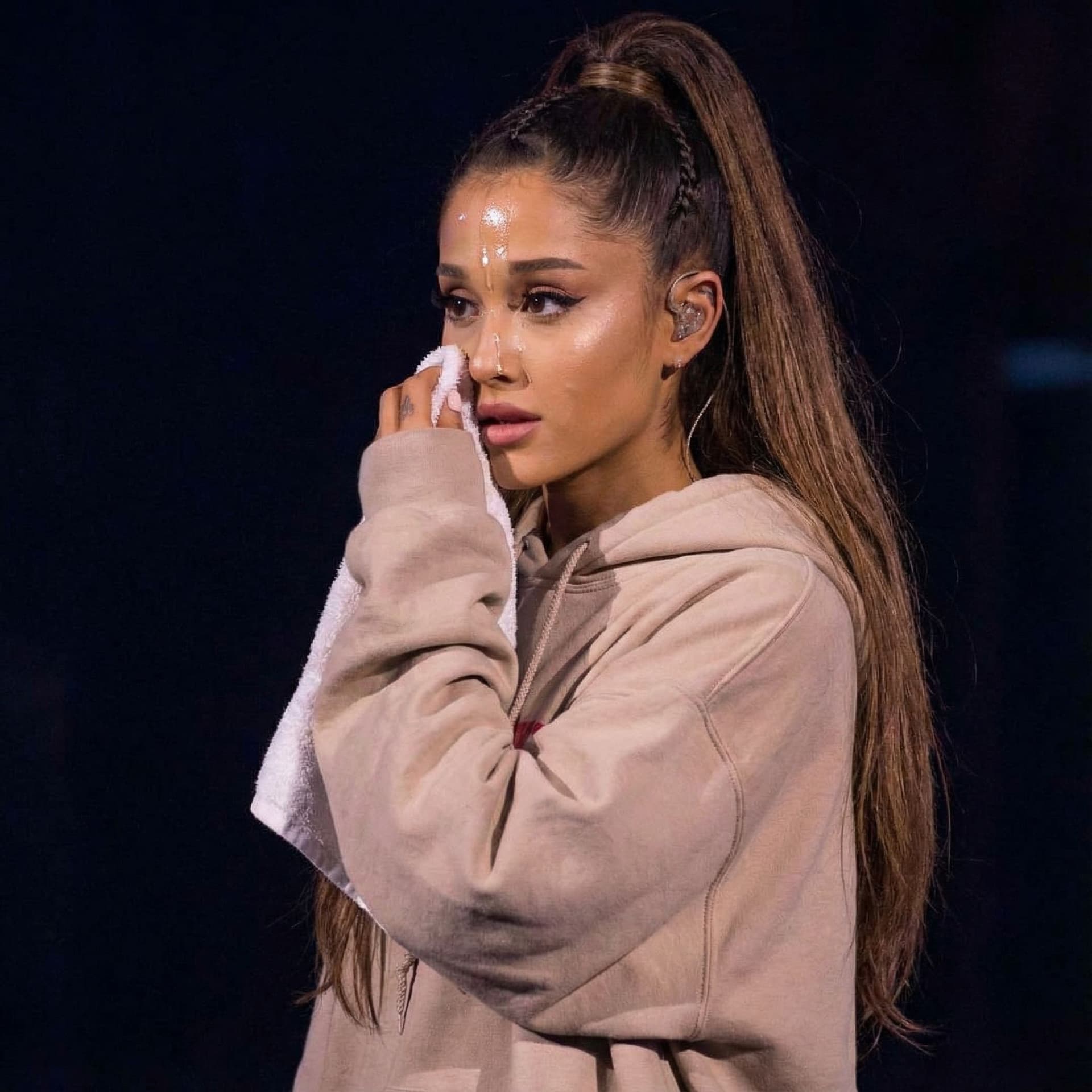 AI generated: Ariana Grande; cum runs from her eyebrows down her nose;