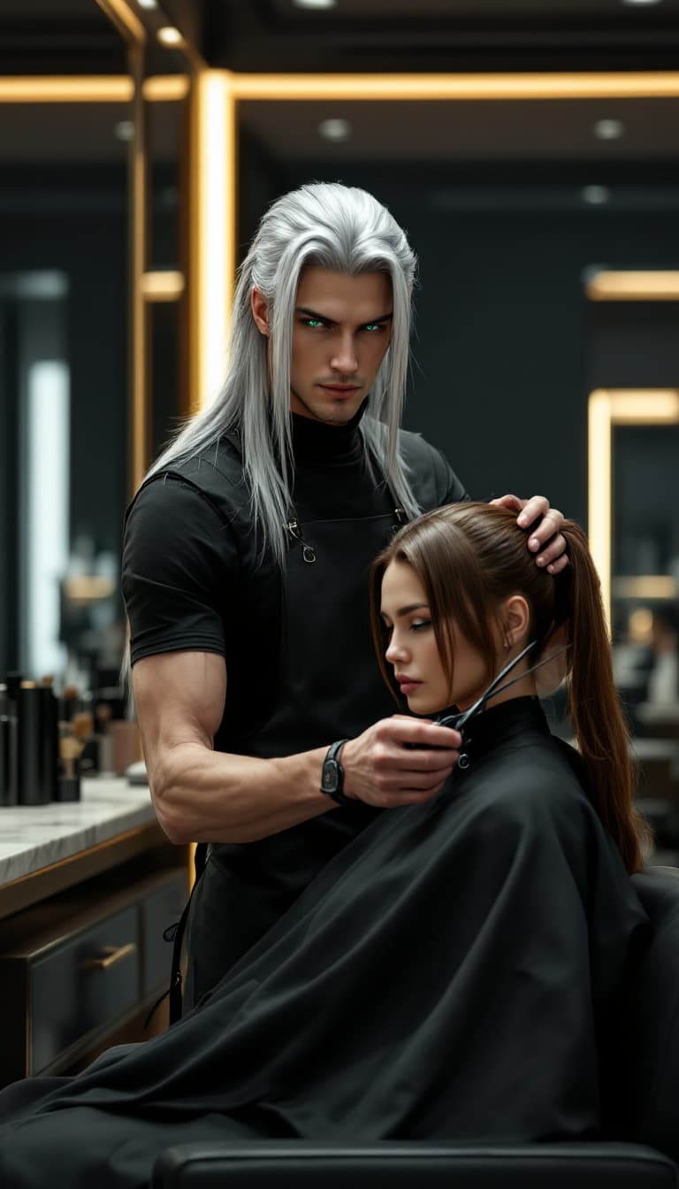 AI generated: A candid, photorealistic shot of a tall handsome European man inspired by Sephiroth from Final Fanta...