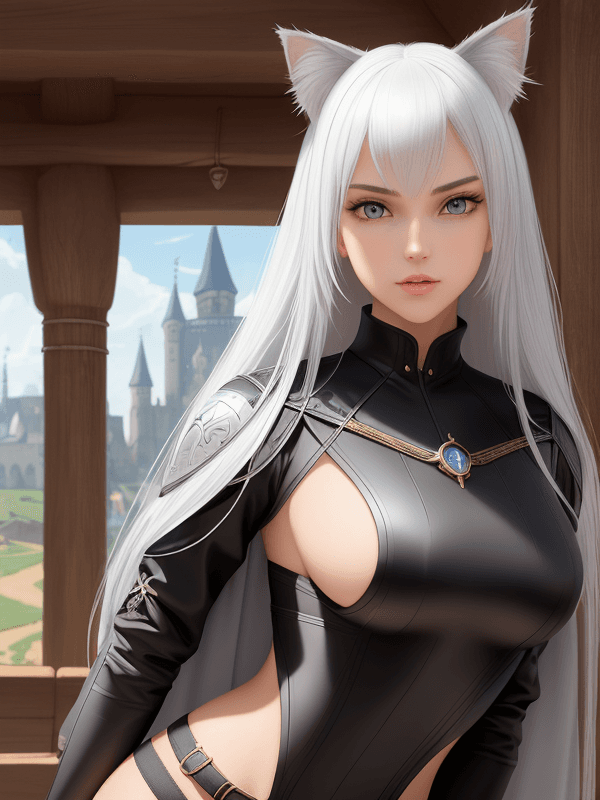 AI generated: A young beautiful cat-girl. Cat ears. Cat's tail. A beautiful face. Beautiful eyes. Clear eyes. A cl...