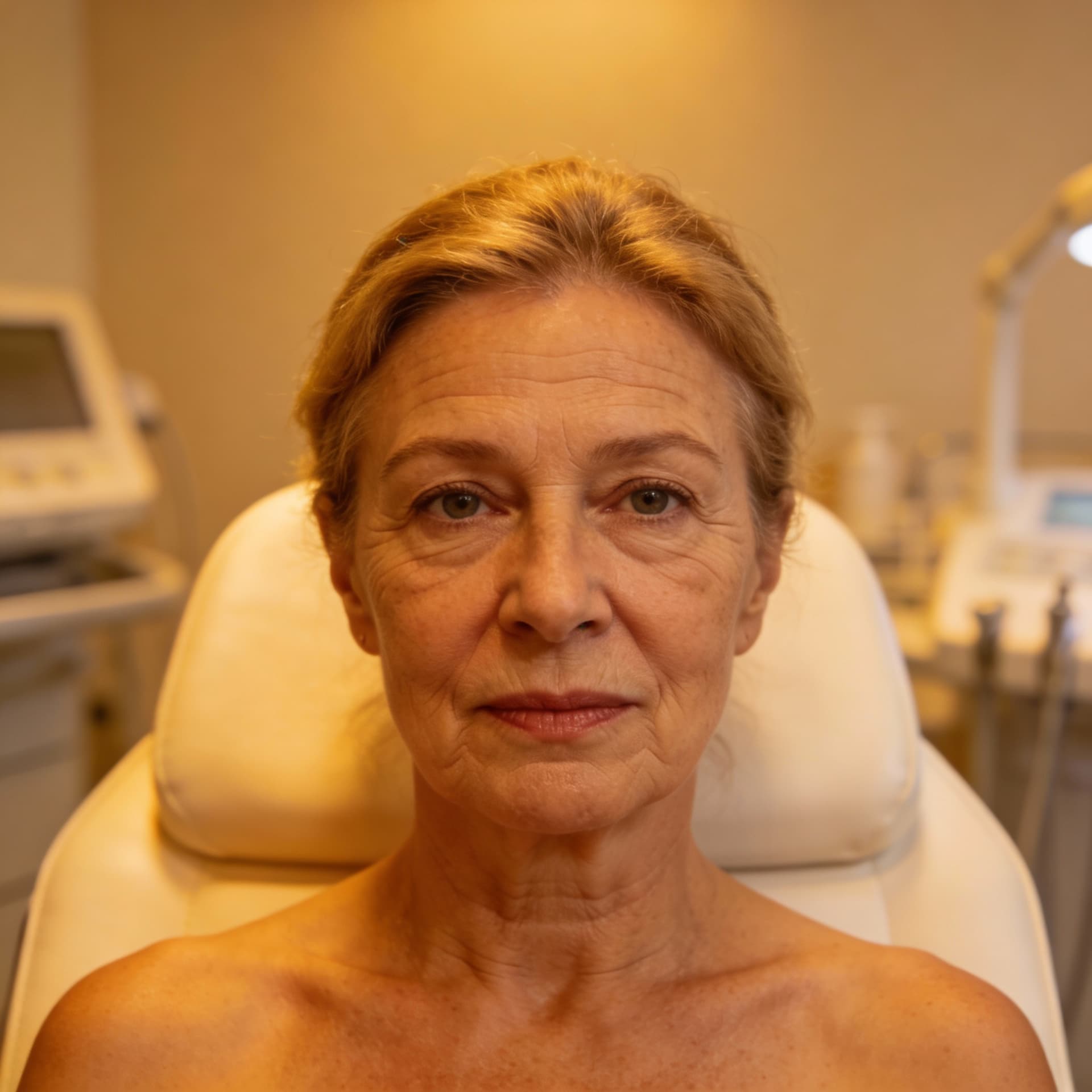 AI generated: a woman in her first 50's 
setting in dermatologist clinic chair, in a warm vibes, her face is front...