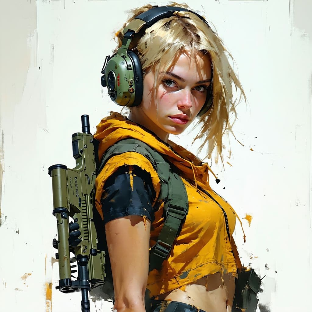 AI generated: Full body shot 3/4 view, young beautiful European woman, holding a gun, random illustrations to fill...