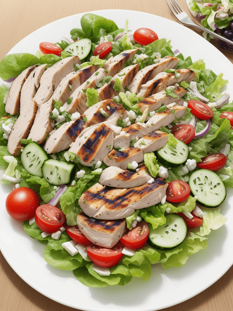 AI generated: create a grilled chicken salad, accompanied by lettuce, tomato, olive and cucumber, large plate, rea...