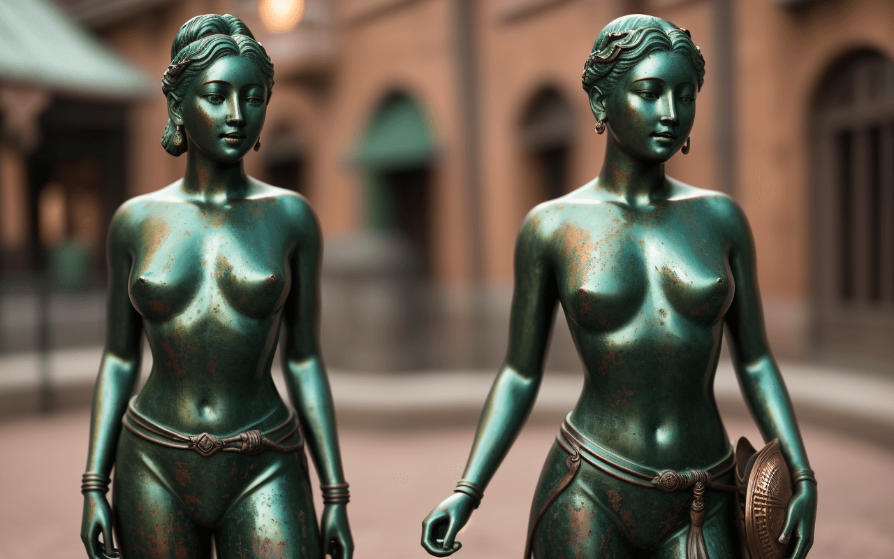 AI generated: copper sun princess statue,(deep green patina:1.3), realism, realistic ,full body, fine details, dof...