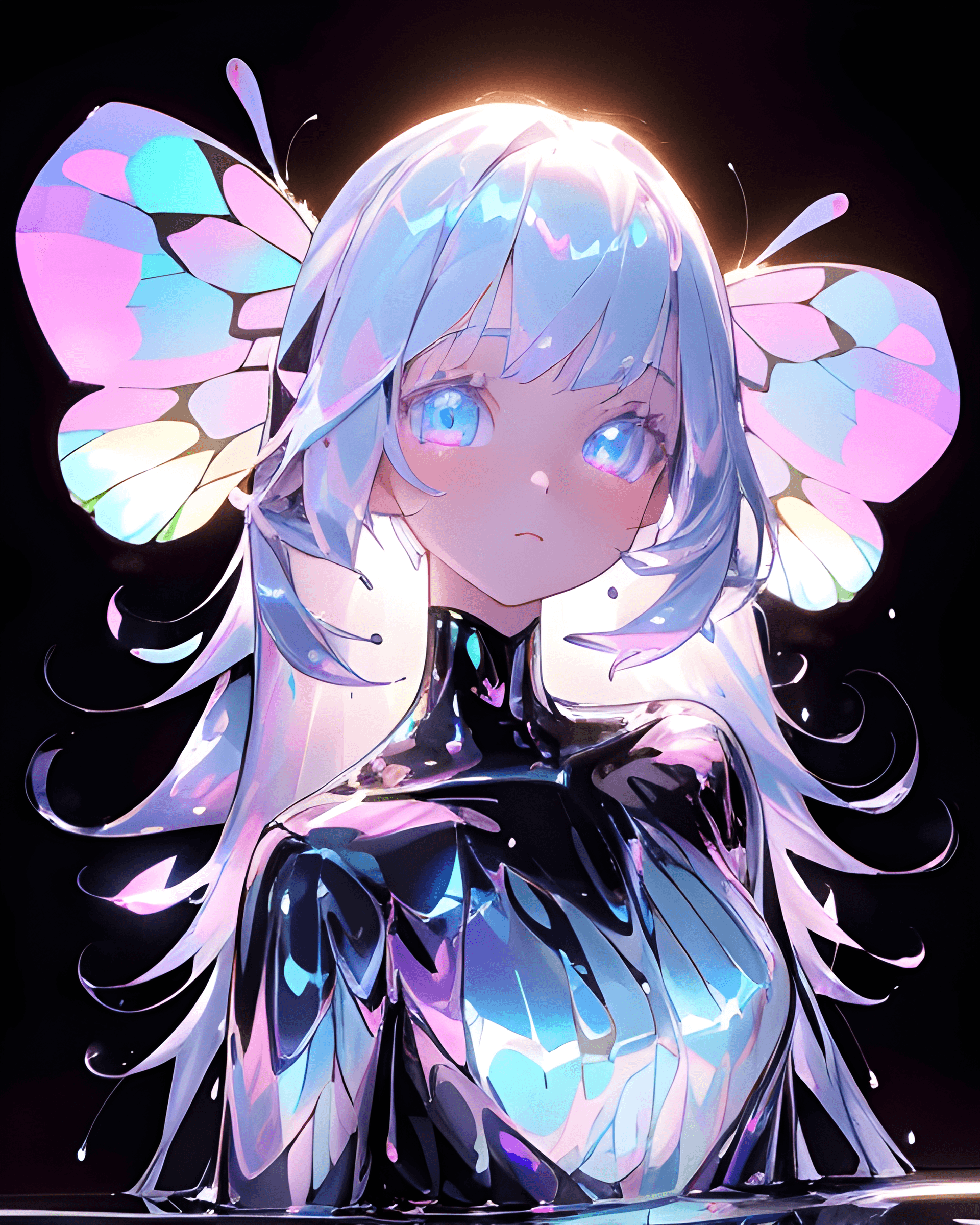AI generated: a close up of a person with butterfly wings behind her head, digital art, trending on pixiv, digital...
