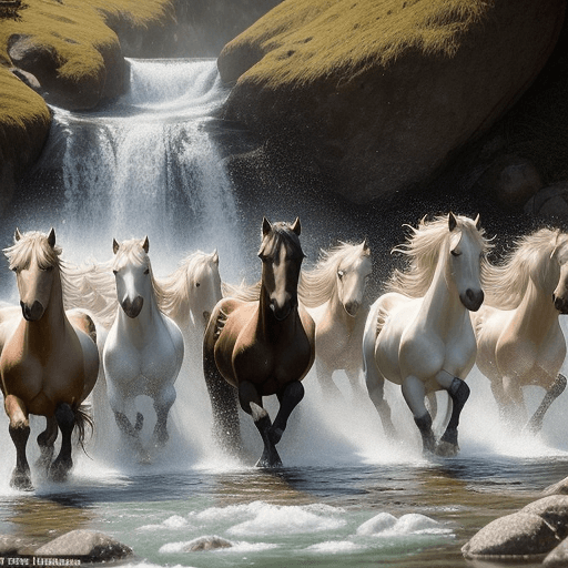 AI generated: A group of wild horses playfully splashes through a crystal-clear mountain stream, their hooves kick...
