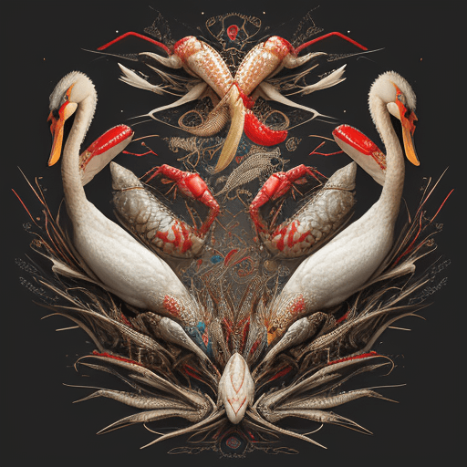 AI generated: swan, pike and crayfish, very bright colors, intricate details, something that can not be at all, on...