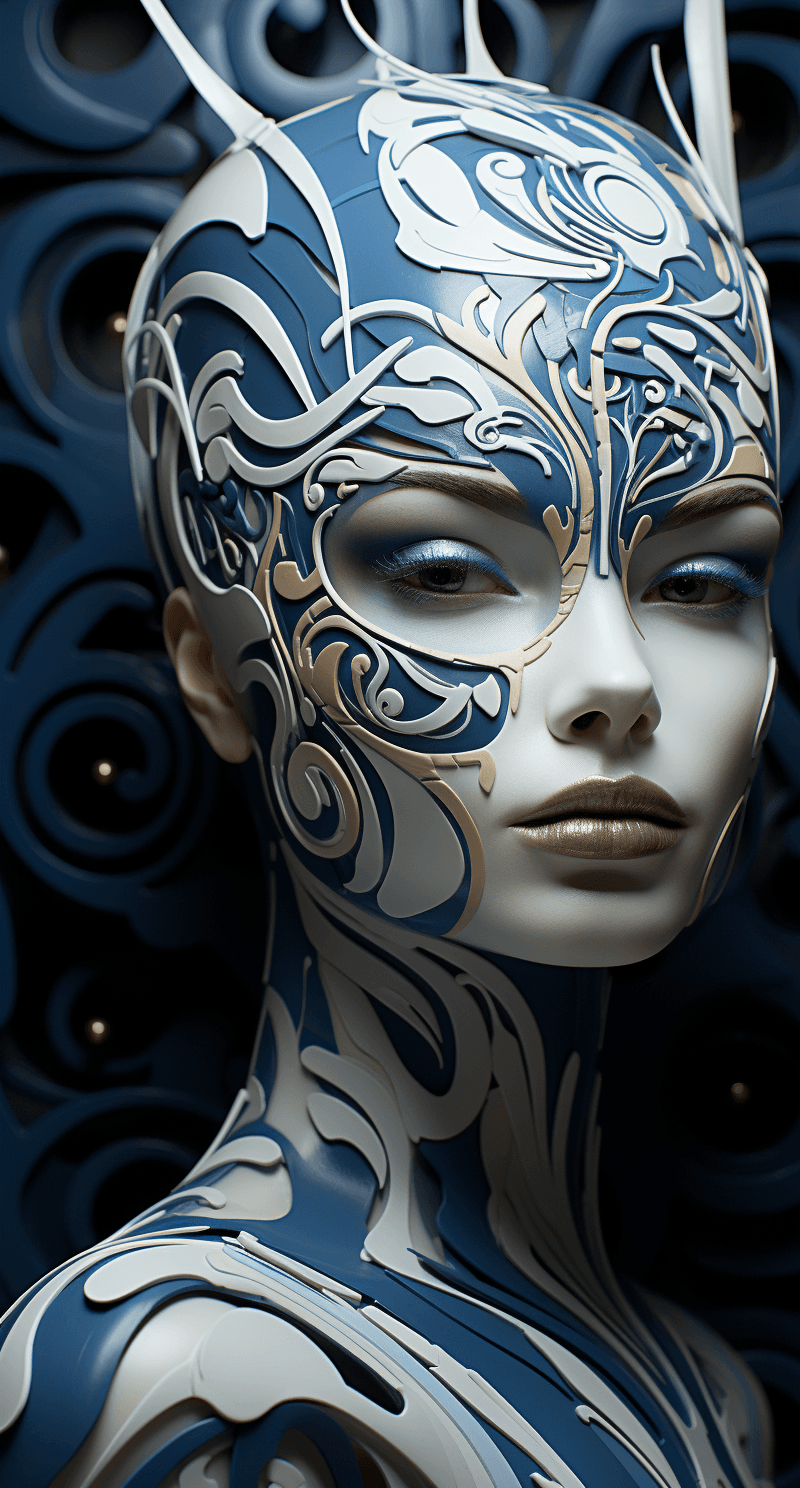 AI generated: res syria woman in a swirl of patterns, in the style of cybernetic sci-fi, intricately sculpted, ser...