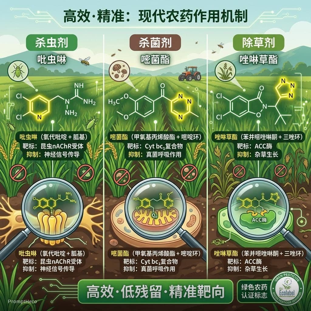 AI generated: 画面分为三区：左（杀虫剂）、中（杀菌剂）、右（除草剂）；
每区展示1–2个典型分子结构（线型骨架+立体构象简图）：
杀虫剂：吡虫啉（氯代吡啶 + 胍基）→ 作用于昆虫nAChR受体；
杀菌剂：嘧菌酯（...