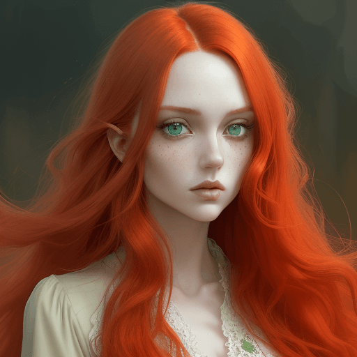 AI generated: a young woman with long red hair in blouse, in the style of light emerald and dark beige, pop inspo,...