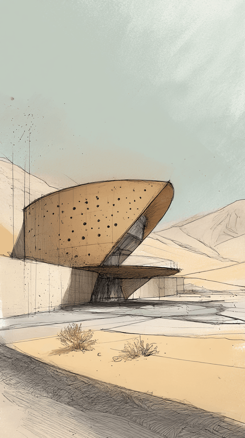 AI generated: architectural sketch, concept hotel, in the desert --ar 9:16 --v 7 --draft