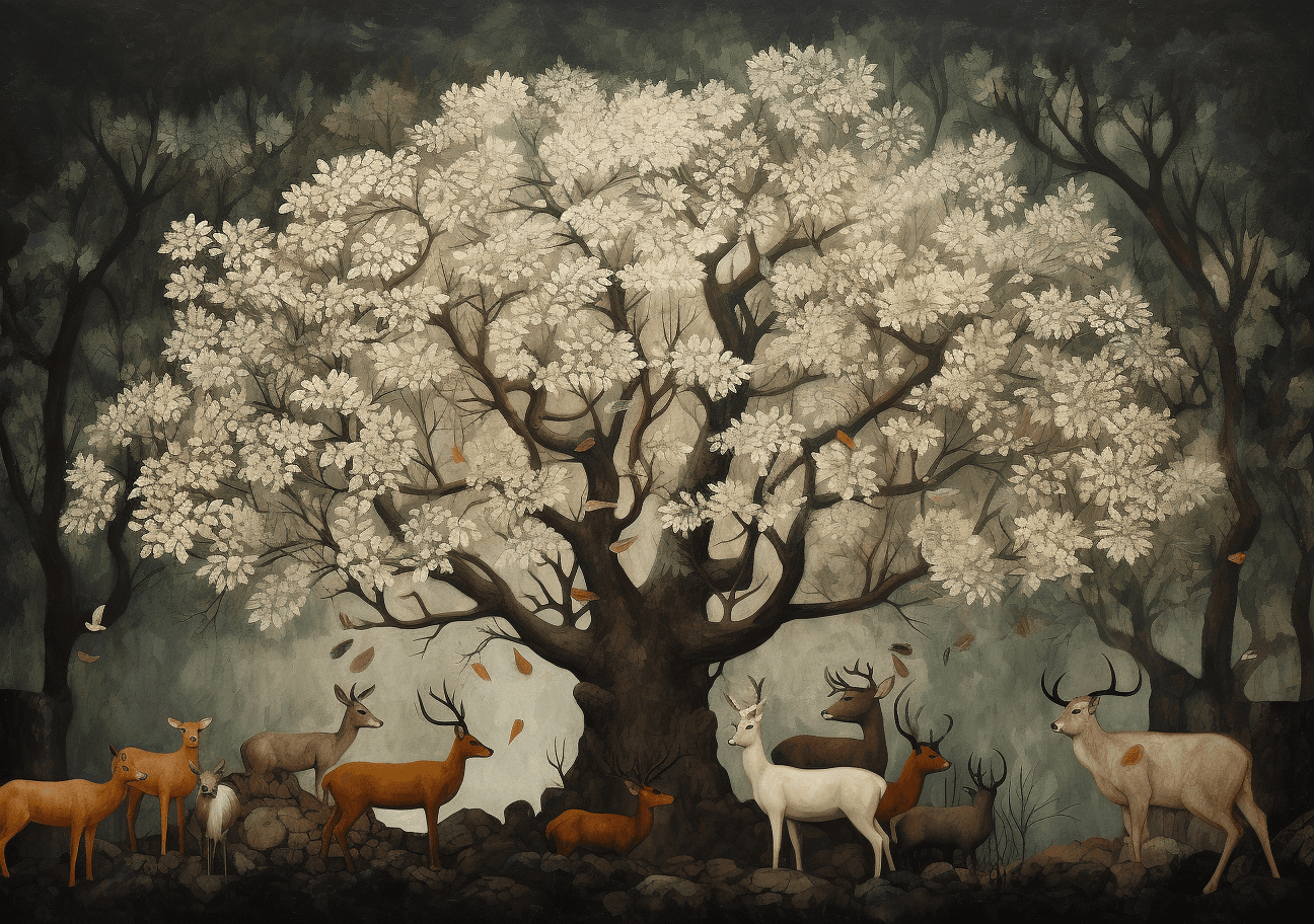 AI generated: A large tree with dark green leaves and thick branches, surrounded by animals like deer or antelope ...