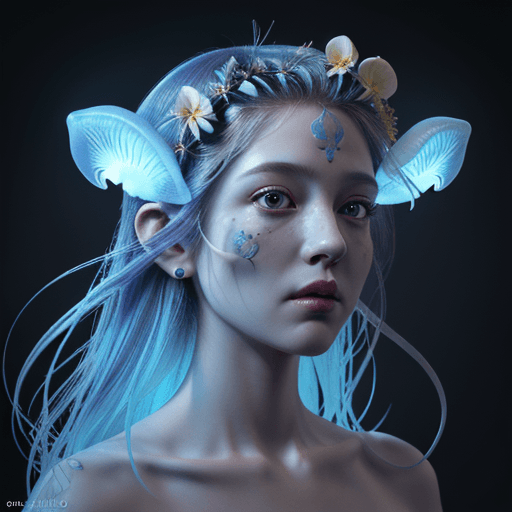 AI generated: Goddess close-up portrait ribcagel. jellyfish phoenix head, nautilus, orchid, skull, betta fish, bio...