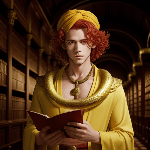 AI generated: portrait of a male cleric inside a temple library, very short curly red hair, lime colored robe, lim...