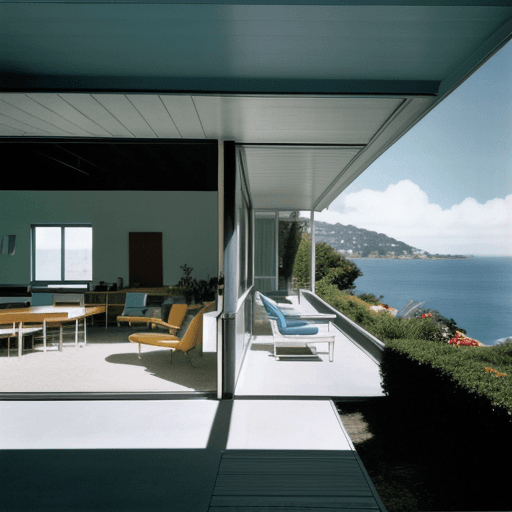 AI generated: Hyper realistic eye level exterior photo of a mid century modern style house overlooking the ocean, ...