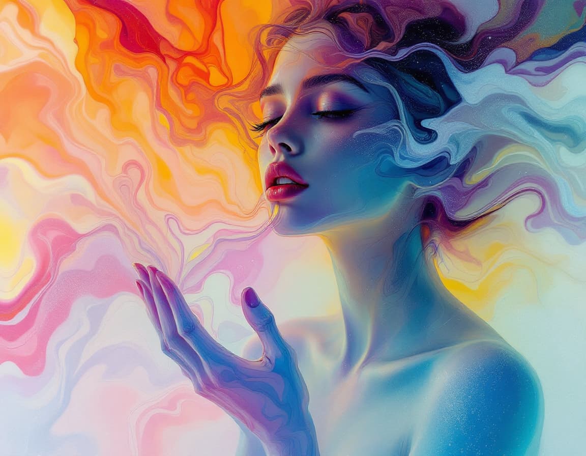 AI generated: Resin Art, Layered Surfaces, Translucent Colors, Fluid, Woman Holding Resin Pouring, Flowing Pose, A...