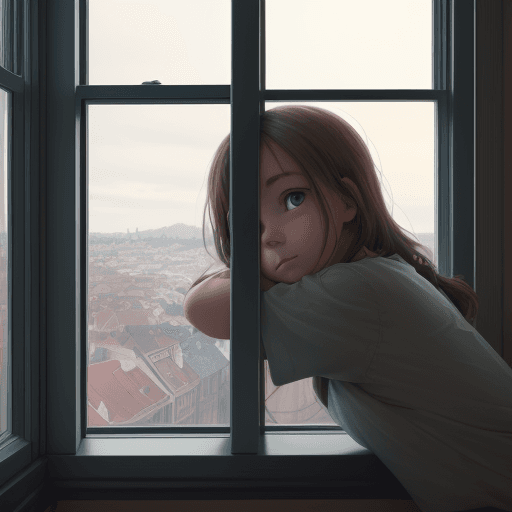 AI generated: Curious girl resting in a window with a view of the animated front