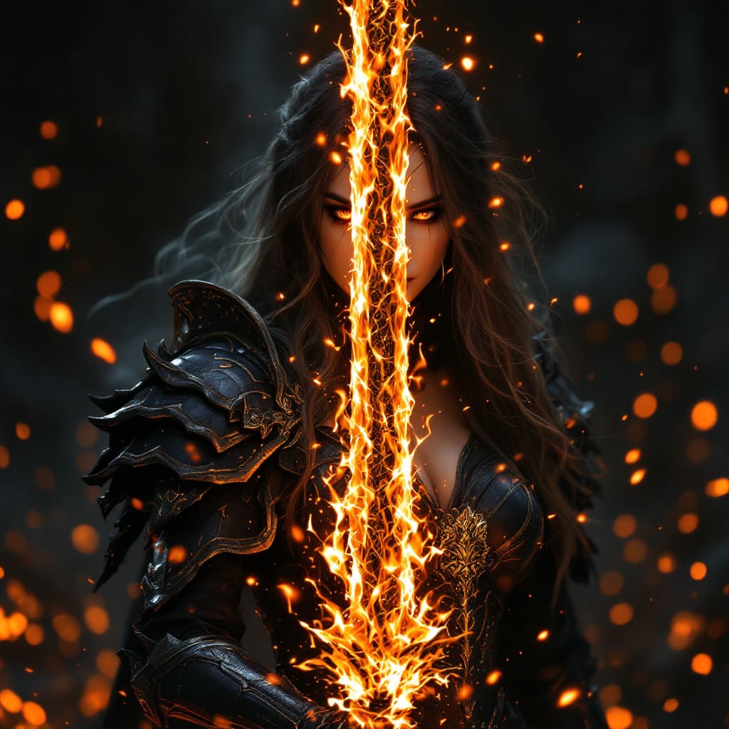 AI generated: Realistic women with black scary armor, Holding fire Sword,human face,long hair, perfectly detailed ...